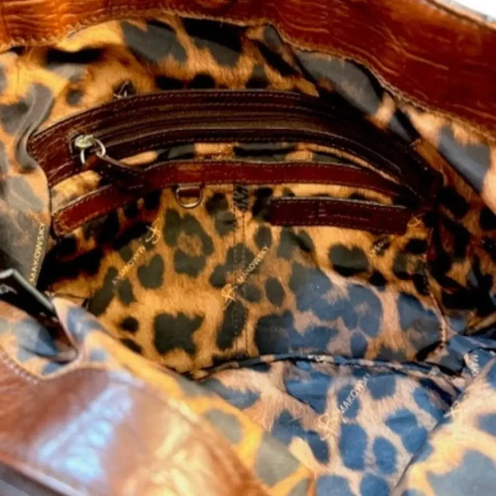 B Makowsky Brown Leather Satchel Croc Embossed Shoulder Bag Large Designer Tote